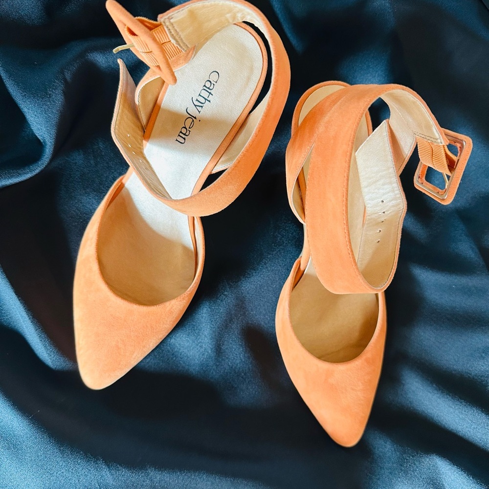 Cathy Jean Orange High Heel Pumps with Ankle Strap